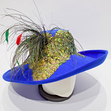 VTG Jack McConnell Blue 100 Wool Felt Fascinator Hat Green Gold Peacock Feather