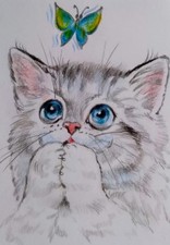 Acquerello gatto ACEO dell'autore originale 3,5"х2,5" 9x6cm non stampabile