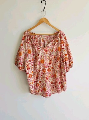 Knox Rose Cotton Boho Floral Print V/Neck Balloon Short Sleeves Blouse Size XXL