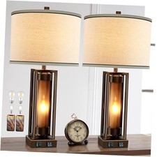 Rustic Table Lamps for Living Room Set of 2 with USB C A Ports, Farmhouse Brown