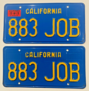 1970's California Blue License Plates DMV Clear YOM 1973 Blazer 1973 Validation