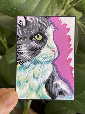 Embellished PRINT grey Tuxedo Cat ACEO 2.5x3.5 CalicoCallieInk Animal Colorful