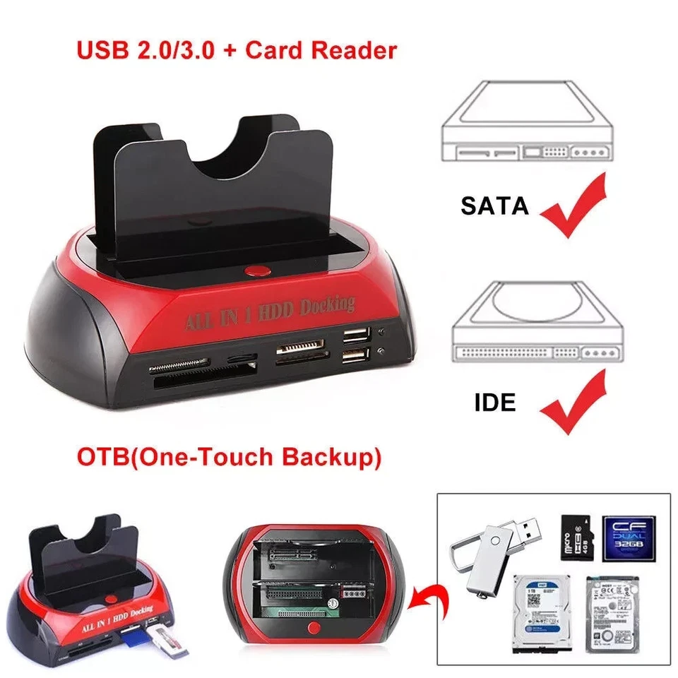 HDD Docking Station Dual 2.5" 3.5" SATA IDE Hard Disk Drive Dock OTB Card Reader - Image 2 of 4