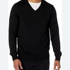 Perry Ellis Classic Black Merino Wool V-Neck Wide Ribbed Sweater Men's Large EUC
