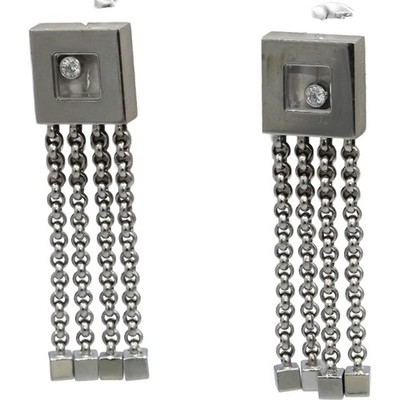 CHOPARD 18k White Gold Happy Diamond Square Earrings With Chains