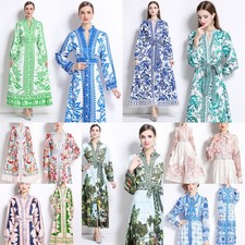Vintage Floral Baroque Print Collar Belt Long Sleeeve Women Casual Shirt Dresses