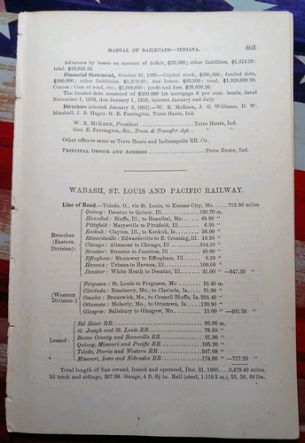 1881 Train Report WABASH ST LOUIS & PACIFIC RAILWAY Info all Branches Railroad
