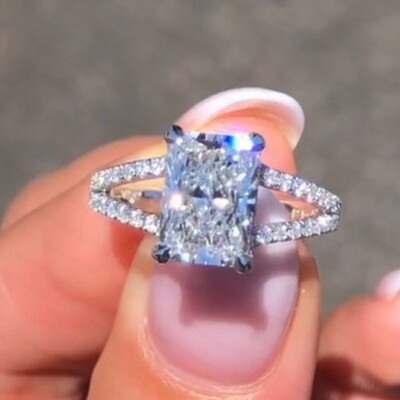 2.68 TCW Radiant Moissanite Split Shank Engagement Ring In 14k White Gold Plated