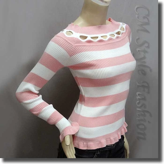 Top A Rayas Escote Ancho Peekaboo Elástico Acanalado Rosa Blanco XS~S Foto 3 de 4
