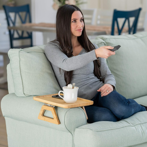 Bamboo Trayble Couch Arm Table, Clip on Tray Sofa Table for Couches. Sofa Arm Tr - Picture 2 of 9