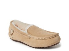 WOMEN DEARFOAMS FIRESIDE FUR LINED SHEARLING MOCCASIN SLIPPER SAND COLOR SIZE 8