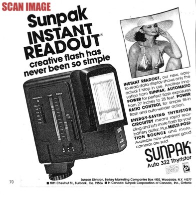 1979 Anzeige SUNPAK Thyristor Sofortauslesekamera Blitz Kleingedruckte Anzeige 720/118