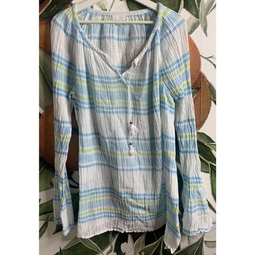 J. Jill Tunic Top Dress Large Striped Blue Beach Cover up Tassel Cotton