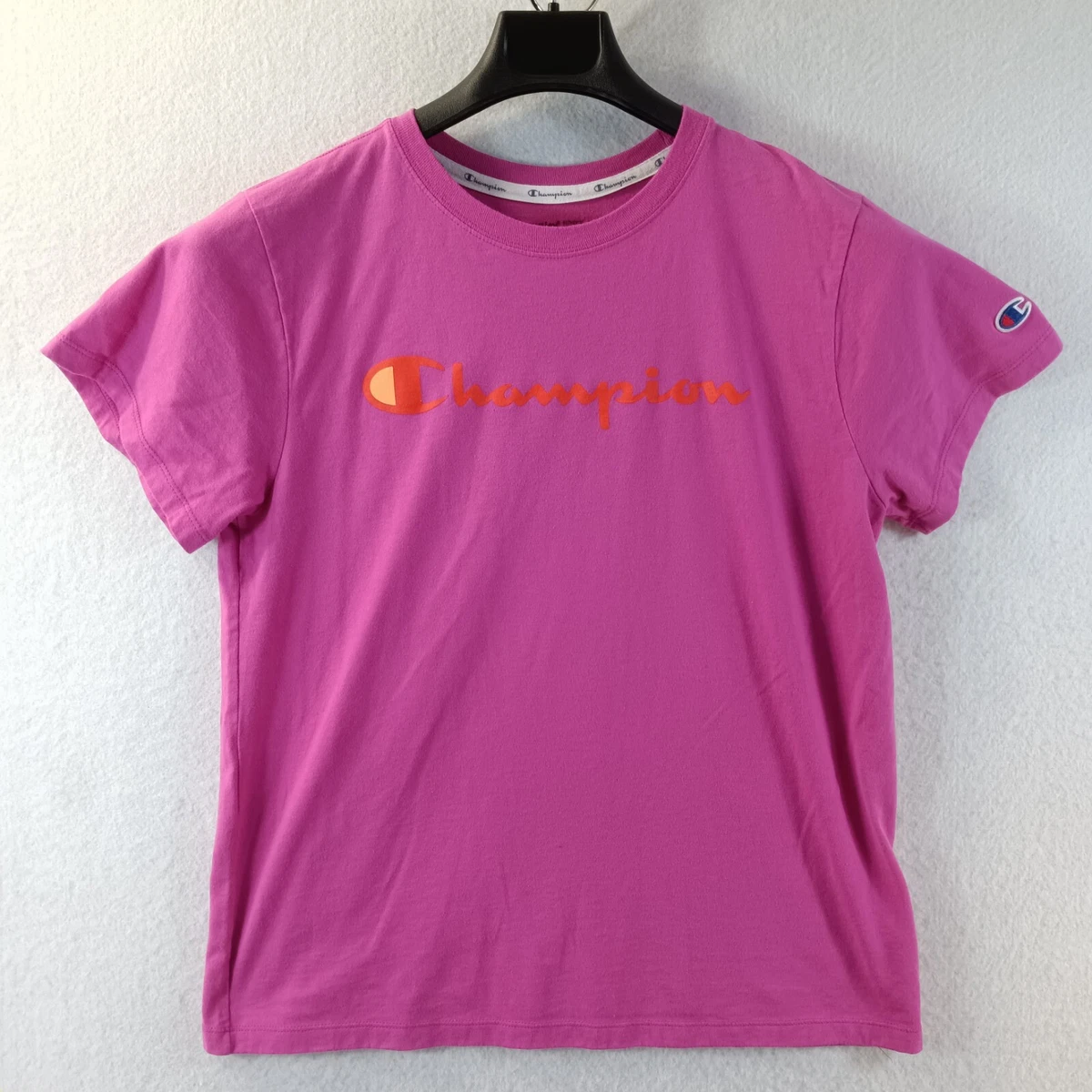 Champion Shirt Womens Large Pink Orange Front Side Logo Spell Out RN 15763