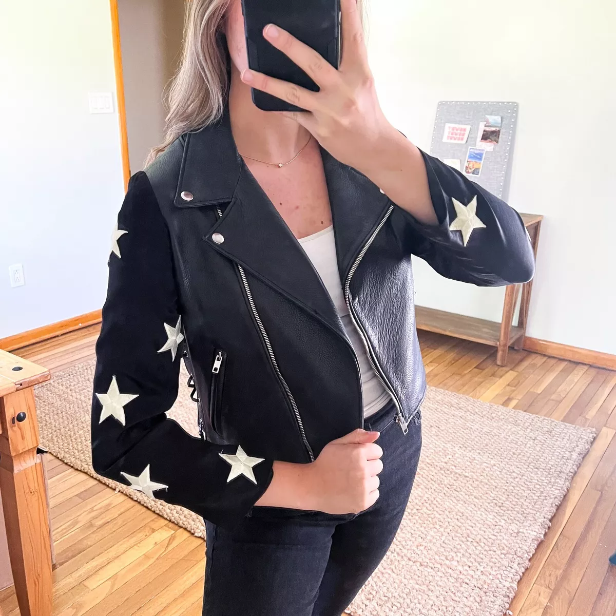 Reformation Big Dipper Black Star Embroidered Boho Designer Leather Moto Jacket