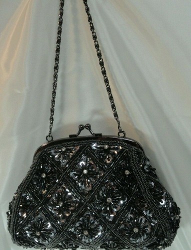 Y & S ORIGINAL Vintage-Look BEADED PURSE, Kisslock Closure Gray/Black, Bag NEW - Picture 5 of 12