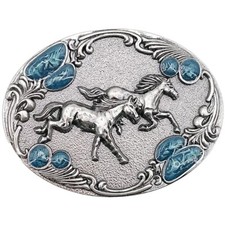 Galloping Horses Belt Buckle BLUE Silver Tone Enamel Inlay Turquoise Stones