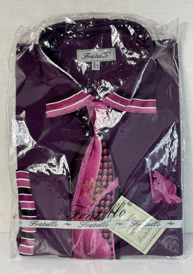 Camisa de vestir Fratello para hombre 16,5 34 35 púrpura rosa manga larga pañuelo con corbata Foto 2 de 4