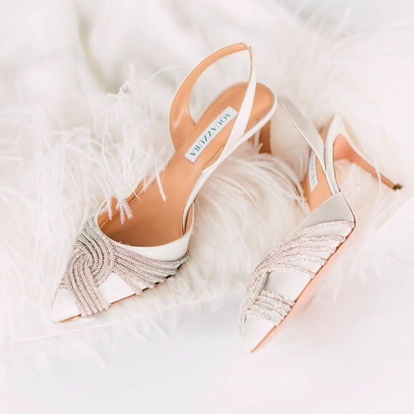 エクリュ36 Worn once AQUAZZURA Gatsby 75 crystal-embellished satin slingback
