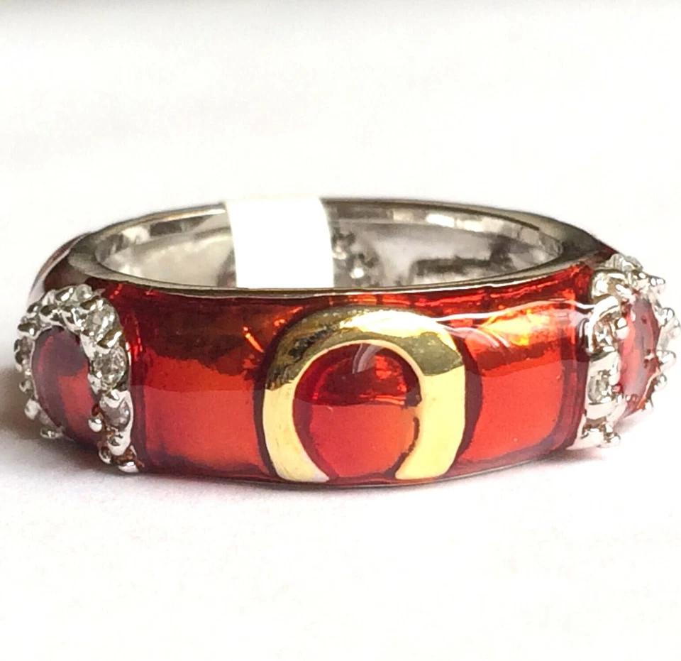 Red Enamel Ring Band Size 7 8 9 10 Cubic Zirconia Eternity Silver Rhodium Plated - Image 2 of 4