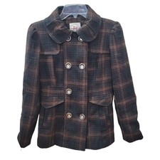 Hydraulic Double Breasted Brown Wool Blend Plaid Pea Coat Women's Size Small