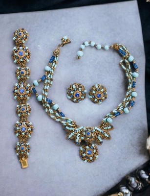 Miriam Haskell Ca 1950 Turquoise and Sapphire Seed Beads Art Glass Set