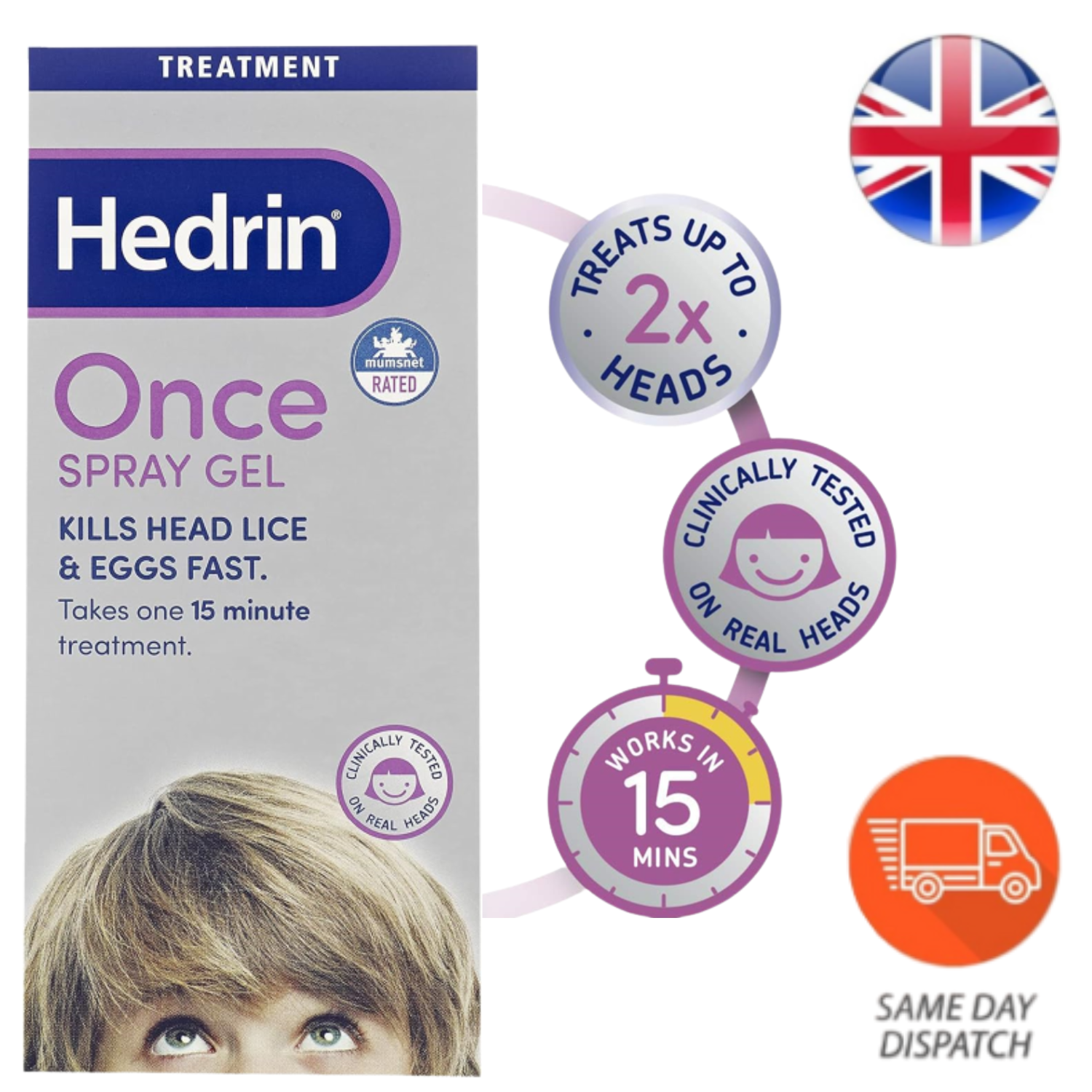 Hedrin Once Spray Gel Kills Lice Eggs Treatment Suitable for Adults