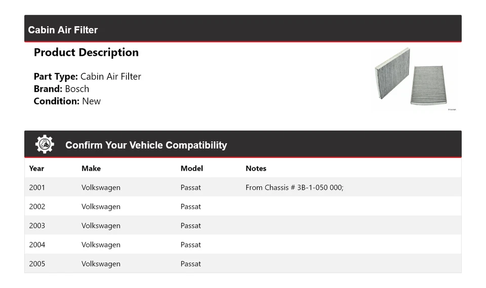 For 2001-2005 Volkswagen Passat Bosch Cabin Air Filter 2002 2003 2004 - Image 2 of 3