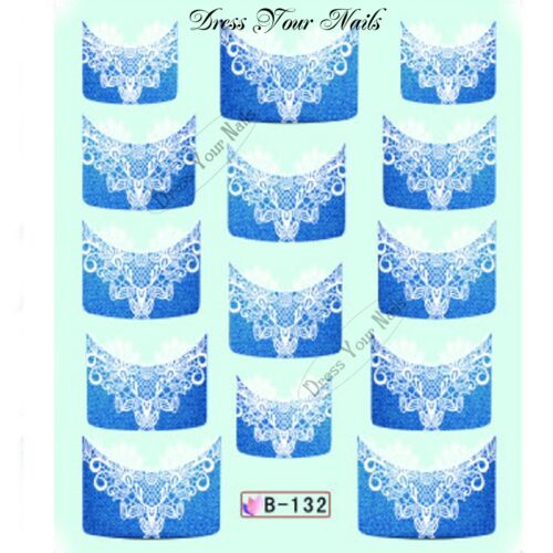 Nail Water Decal - French Tip Blue Lace Transfers Sticker Wedding - B-132 - UK - Afbeelding 1 van 1
