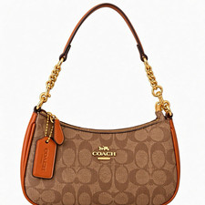 Coach Signature Teri Shoulder Bag Brown Tan Zip Gold Chain Detachable Strap