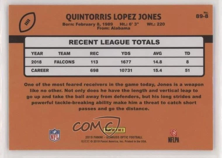 2019 Panini Donruss Optic 1989 Tribute Julio Jones #89-8 - Image 2 of 2