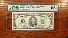Billete de cinco dólares 1995 PMG GEM65 EPQ de alta calidad del distrito de Chicago ¡Billete de $5,00!