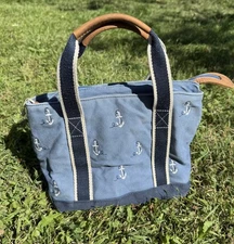 Vintage L.L. Bean Blue Mini Cotton Canvas Boat & Tote Bag Embroidered Anchors