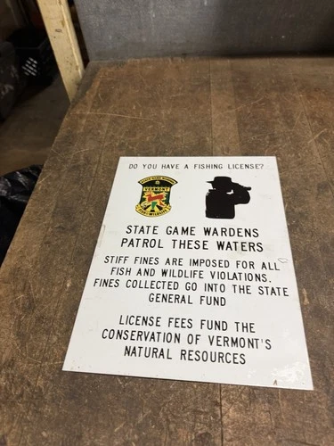 Vintage VT Vermont Fish & Wildlife State Game Warden Hunting Fishing Tin Sign