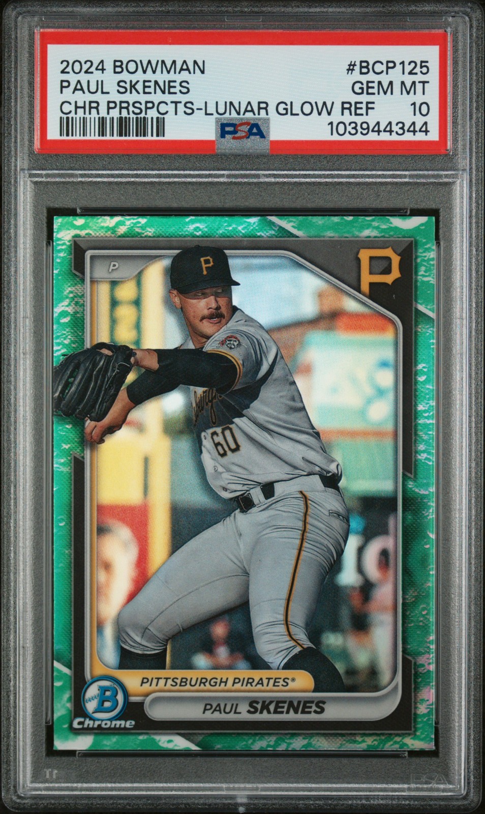 2024 BOWMAN PAUL SKENES #BCP125 LUNAR GLOW REFRACTOR SSP PSA 10 ~ PIRATES view 1