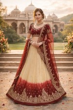 Sanskriti Vintage Beige-Red Art Silk Unstitched Lehenga Hand Embroidered Zardozi
