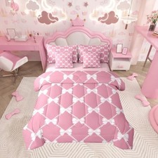 Cute Bow 7-Piece Size Kids Bed Set - Pearl Bow Comforter, King White and Pink