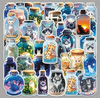   50x süße Flaschen Katzenaufkleber kleine Cartoon Katzen Tagebuch Scrapbooking Gläser UK 