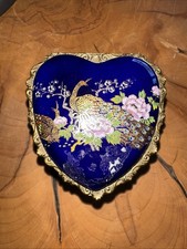 VINTAGE COBALT BLUE PORCELAIN HEART-SHAPED MUSIC BOX MADE IN JAPAN WITH PEACOCK