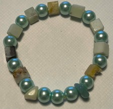 Handmade Stretchy Beaded Bracelet With Amazonite and Blue Faux Pearls Size 6.1"