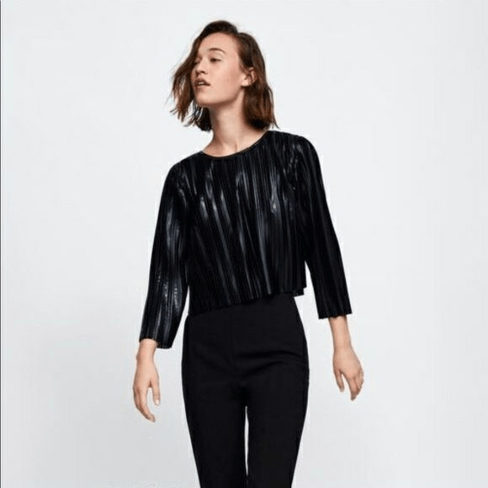 Zara basic pleated black shiny blouse pull over m… - image 2
