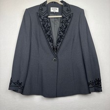 Kasper ASL Blazer Womens 10 Embroidered Lapel Cuff Single Button Lined Gray