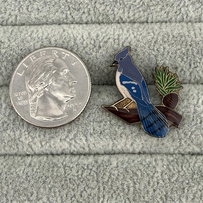 Vintage Blue Jay Bird Siting On Branch Pinecone 1'' Scatter Pin Pinback #64453
