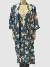 VTG California Dynasty 2pc Satin Robe Nightgown Set Floral Lace Trim Sz M USA