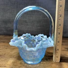 Fenton 7” Art Glass  Turquoise Opalescent Basket Weave Open Edge Handled Basket