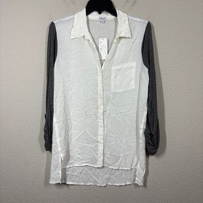 Splendid Medium Combo Roll Tab Sleeves Blouse White Gray Colorblock Button Up