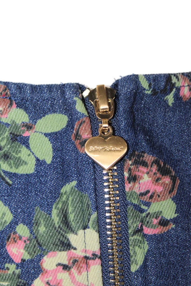 Betsey Johnson Womens Floral Square Neck Puff Sleeve Denim Dress Blue Size XS - Image 4 of 4