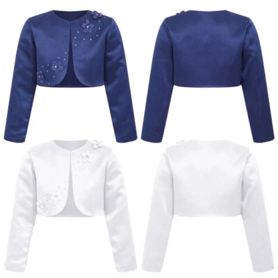 Kids Girls Satin Bolero Shrug Long Sleeve Cardigan Jacket Wedding Dress Cover Up