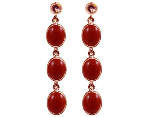9ct Rose Gold Natural Red Coral Triple Oval Dangling Studs Earrings British Made
