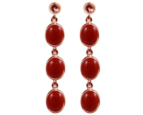 9ct Rose Gold Natural Red Coral Triple Oval Dangling Studs Earrings British Made - Picture 1 of 4